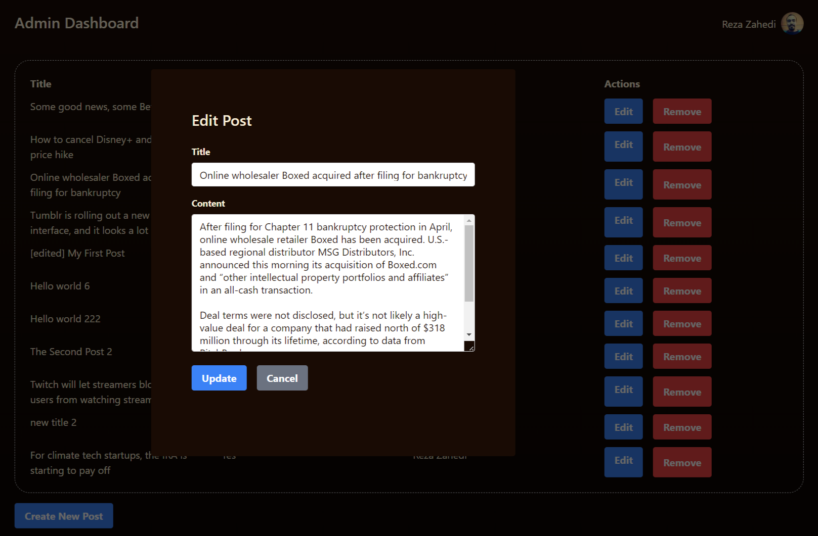 Admin CRUD section with edit page opened as a modal