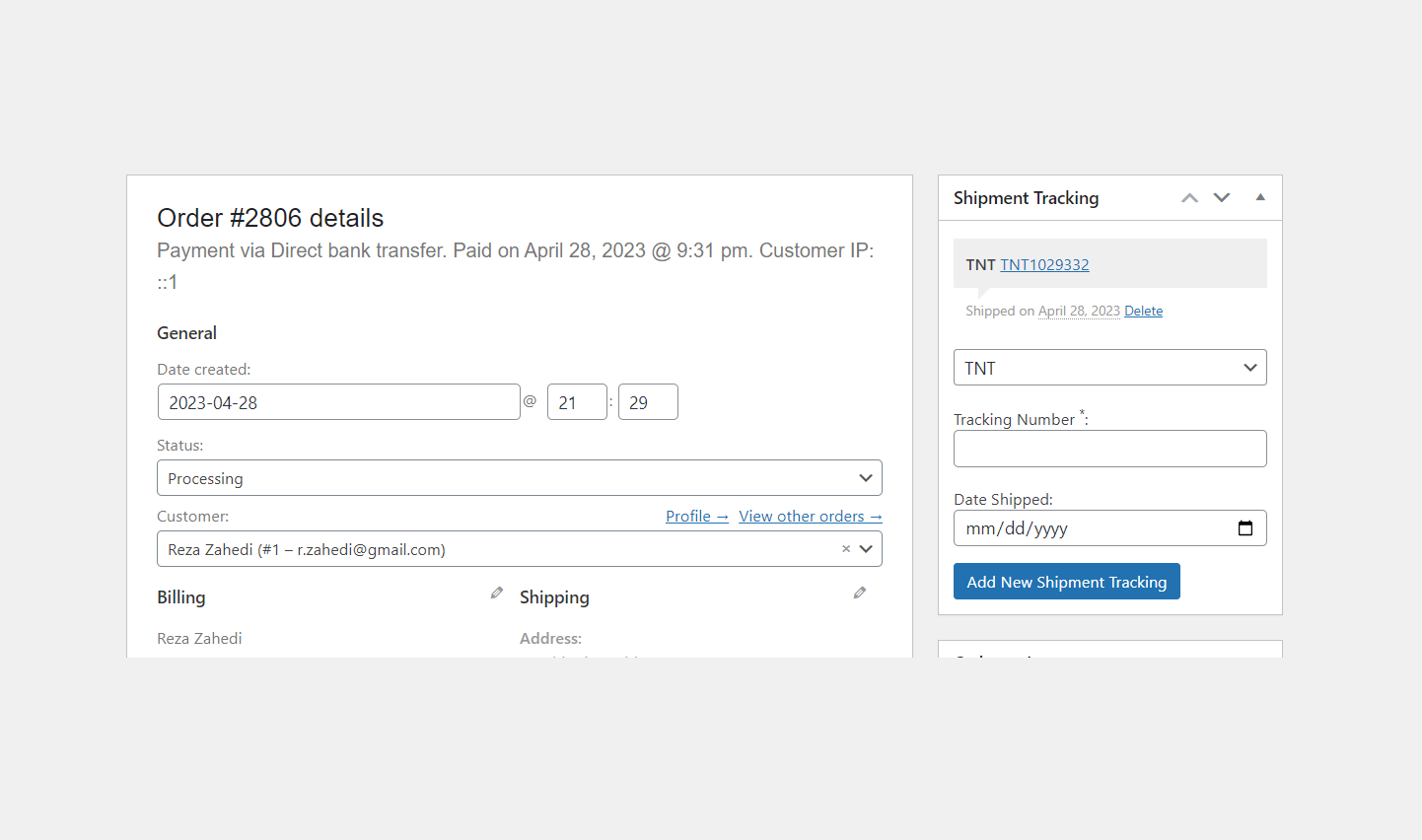 Shipment tracking meta box added by the plugin to order's detail page